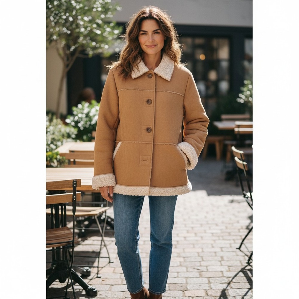 Vintage Avon Faux Suede Shearling Coat Womens Medium Tan Sherpa Lined Jacket M